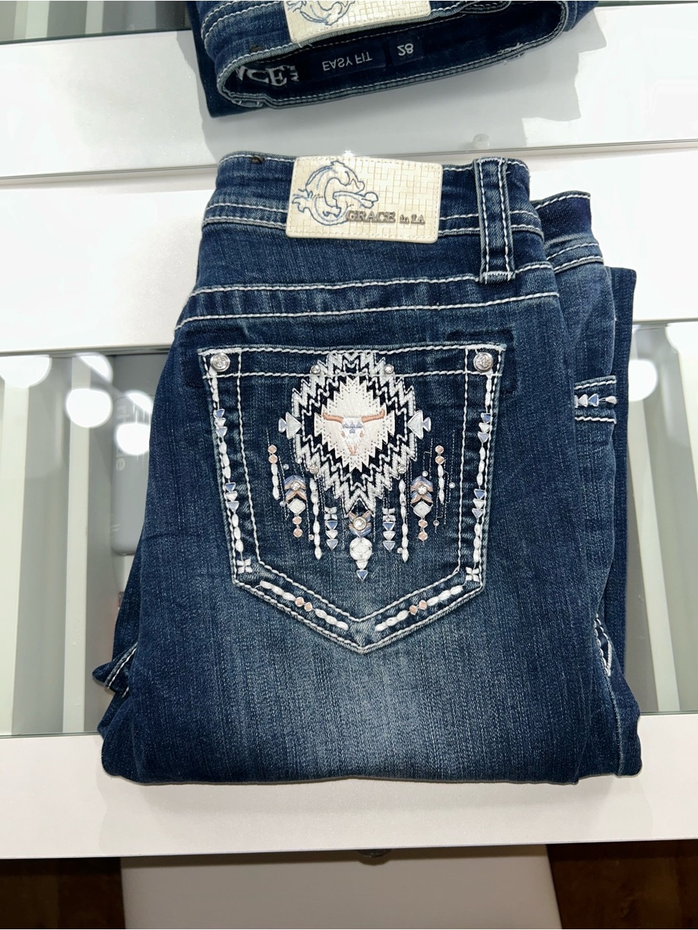 Grace in LA Rhinestone Western Embroidery Bootcut Dark wash Jeans